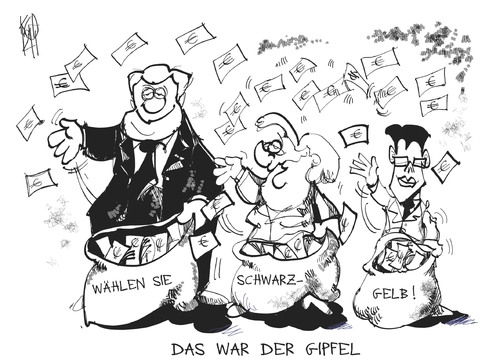 Cartoon: Das war der Gipfel! (medium) by Kostas Koufogiorgos tagged koalition,regierung,gipfel,seehofer,merkel,rösler,cdu,csu,fdp,schwarz,gelb,wahl,geschenk,geld,karikatur,kostas,koufogiorgos,koalition,regierung,gipfel,seehofer,merkel,rösler,cdu,csu,fdp,schwarz,gelb,wahl,geschenk,geld,karikatur,kostas,koufogiorgos