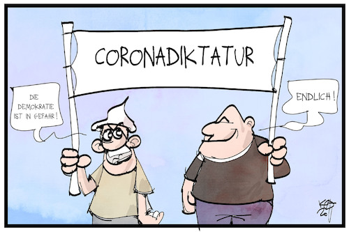 Cartoon: Demokratie in Gefahr (medium) by Kostas Koufogiorgos tagged karikatur,koufogiorgos,illustration,cartoon,demokratie,demo,diktatur,neonazi,aluhut,corona,pandemie,gesetz,protest,karikatur,koufogiorgos,illustration,cartoon,demokratie,demo,diktatur,neonazi,aluhut,corona,pandemie,gesetz,protest