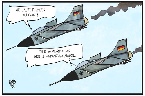 Cartoon: Der Bundeswehr-Auftrag (medium) by Kostas Koufogiorgos tagged karikatur,koufogiorgos,illustration,cartoon,tornado,bundeswehr,einsatz,syrien,is,terrorismus,armlaenge,politik,flugzeug,karikatur,koufogiorgos,illustration,cartoon,tornado,bundeswehr,einsatz,syrien,is,terrorismus,armlaenge,politik,flugzeug