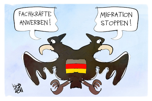 Cartoon: Der doppelköpfige Adler (medium) by Kostas Koufogiorgos tagged karikatur,koufogiorgos,bundesadler,doppelköpfig,migration,zuwanderung,fachkräfte,karikatur,koufogiorgos,bundesadler,doppelköpfig,migration,zuwanderung,fachkräfte