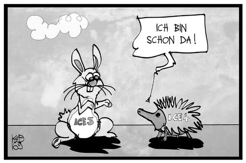 Cartoon: Der ICE 4 ist da (medium) by Kostas Koufogiorgos tagged karikatur,koufogiorgos,illustration,cartoon,ice,hase,igel,fabel,märchen,schnelligkeit,bahn,db,karikatur,koufogiorgos,illustration,cartoon,ice,hase,igel,fabel,märchen,schnelligkeit,bahn,db