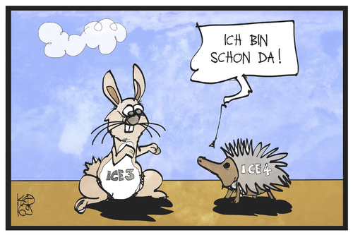 Cartoon: Der ICE 4 ist da (medium) by Kostas Koufogiorgos tagged karikatur,koufogiorgos,illustration,cartoon,ice,hase,igel,fabel,märchen,schnelligkeit,bahn,db,karikatur,koufogiorgos,illustration,cartoon,ice,hase,igel,fabel,märchen,schnelligkeit,bahn,db