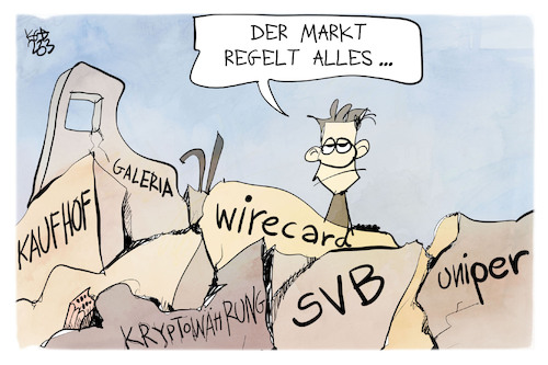 Cartoon: Der Markt regelt alles (medium) by Kostas Koufogiorgos tagged karikatur,koufogiorgos,markt,galeria,kaufhof,wirecard,svb,truemmer,wirtschaft,uniper,karikatur,koufogiorgos,markt,galeria,kaufhof,wirecard,svb,truemmer,wirtschaft,uniper