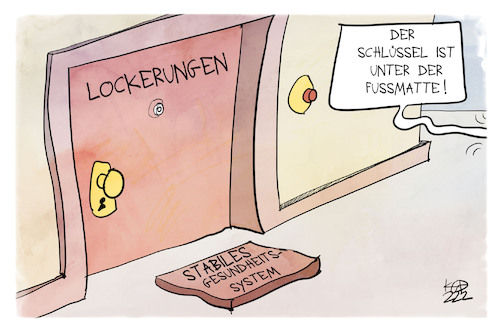 Cartoon: Der Schlüssel zur Öffnung (medium) by Kostas Koufogiorgos tagged karikatur,koufogiorgos,illustration,cartoon,schlüssel,fußmatte,lockerungen,pandemie,öffnung,tür,gesundheitssystem,karikatur,koufogiorgos,illustration,cartoon,schlüssel,fußmatte,lockerungen,pandemie,öffnung,tür,gesundheitssystem