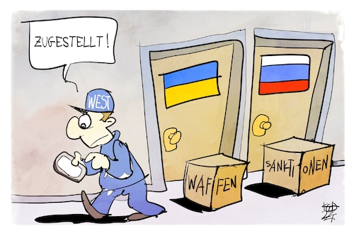 Cartoon: Der Westen liefert (medium) by Kostas Koufogiorgos tagged karikatur,koufogiorgos,westen,lieferung,bote,paket,waffen,sanktionen,ukraine,russland,karikatur,koufogiorgos,westen,lieferung,bote,paket,waffen,sanktionen,ukraine,russland