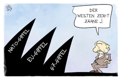 Cartoon: Der Westen zeigt Zähne (medium) by Kostas Koufogiorgos tagged karikatur,koufogiorgos,putin,russland,westen,zähne,beißen,eu,g7,nato,gipfel,karikatur,koufogiorgos,putin,russland,westen,zähne,beißen,eu,g7,nato,gipfel