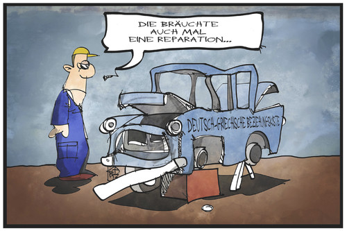 Cartoon: Deutsch-griechische Beziehung (medium) by Kostas Koufogiorgos tagged politik,verständigung,freundschaft,mechaniker,reparatur,reparation,beziehungskiste,beziehung,deutschland,griechenland,auto,cartoon,illustration,koufogiorgos,karikatur,koufogiorgos