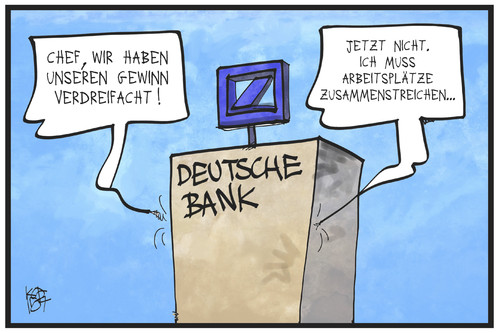 Cartoon: Deutsche Bank (medium) by Kostas Koufogiorgos tagged karikatur,koufogiorgos,illustration,cartoon,deutsche,bank,gewinn,entlassung,mitarbeiter,arbeitsplätze,stellen,wirtschaft,chef,arbeit,karikatur,koufogiorgos,illustration,cartoon,deutsche,bank,gewinn,entlassung,mitarbeiter,arbeitsplätze,stellen,wirtschaft,chef,arbeit