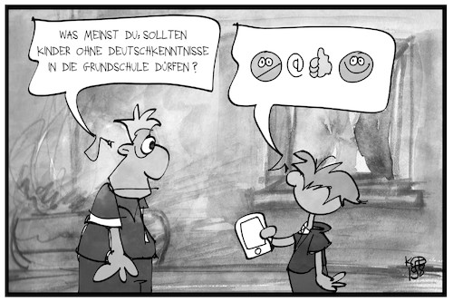 Cartoon: Deutschkenntnisse (medium) by Kostas Koufogiorgos tagged karikatur,koufogiorgos,illustration,cartoon,deutsch,schule,schueler,emoji,jugend,kind,sprache,lernen,vater,mann,lehrer,bildung,flüchtling,integration,karikatur,koufogiorgos,illustration,cartoon,deutsch,schule,schueler,emoji,jugend,kind,sprache,lernen,vater,mann,lehrer,bildung,flüchtling,integration