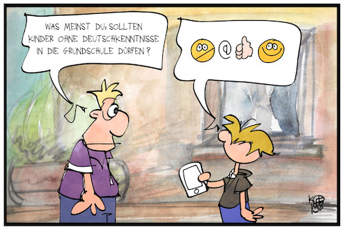 Cartoon: Deutschkenntnisse (medium) by Kostas Koufogiorgos tagged karikatur,koufogiorgos,illustration,cartoon,deutsch,schule,schueler,emoji,jugend,kind,sprache,lernen,vater,mann,lehrer,bildung,flüchtling,integration,karikatur,koufogiorgos,illustration,cartoon,deutsch,schule,schueler,emoji,jugend,kind,sprache,lernen,vater,mann,lehrer,bildung,flüchtling,integration