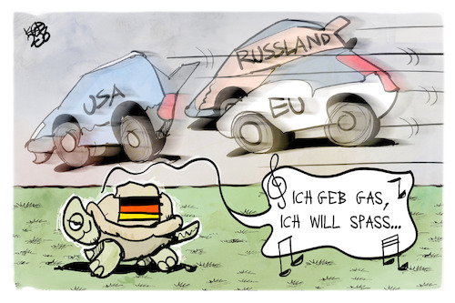 Cartoon: Deutschland gibt Gas (medium) by Kostas Koufogiorgos tagged karikatur,koufogiorgos,deutschland,schildkröte,auto,gas,spass,russland,usa,china,karikatur,koufogiorgos,deutschland,schildkröte,auto,gas,spass,russland,usa,china