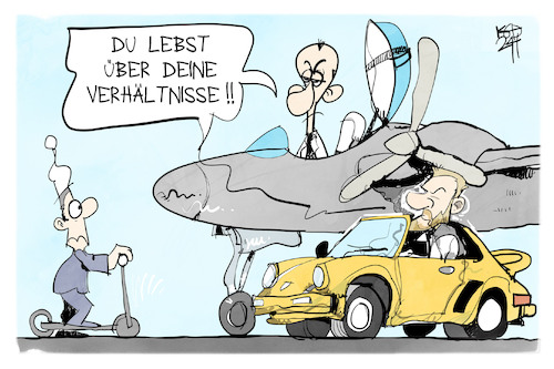 Cartoon: Deutschland spart (medium) by Kostas Koufogiorgos tagged karikatur,koufogiorgos,reichtum,sparen,haushalt,lindner,merz,flugzeug,porsche,karikatur,koufogiorgos,reichtum,sparen,haushalt,lindner,merz,flugzeug,porsche