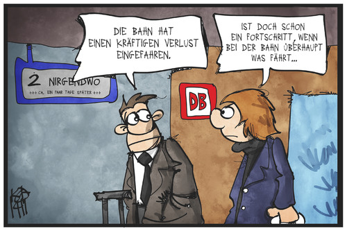 Cartoon: Die Bahn fährt ein (medium) by Kostas Koufogiorgos tagged karikatur,koufogiorgos,illustration,cartoon,bahn,verlust,fahren,bahnhof,passagier,fahrgast,zuverlässigkeit,pünktlichkeit,fortschritt,karikatur,koufogiorgos,illustration,cartoon,bahn,verlust,fahren,bahnhof,passagier,fahrgast,zuverlässigkeit,pünktlichkeit,fortschritt