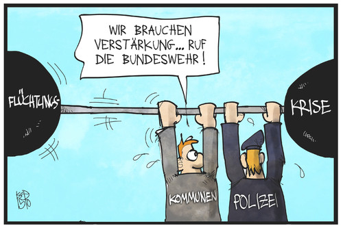 Cartoon: Die Bundeswehr hilft (medium) by Kostas Koufogiorgos tagged karikatur,koufogiorgos,illustration,cartoon,flüchtlingskrise,kommunen,polizei,bundeswehr,politik,stemmen,schaffen,karikatur,koufogiorgos,illustration,cartoon,flüchtlingskrise,kommunen,polizei,bundeswehr,politik,stemmen,schaffen