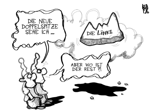 Cartoon: Die Linke (medium) by Kostas Koufogiorgos tagged kipping,riexinger,partei,vorsitz,linke,berg,wähler,michel,basis,parteitag,göttingen,politik,karikatur,kostas,koufogiorgos,kipping,riexinger,partei,vorsitz,linke