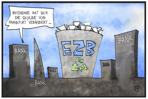 Cartoon: Die neue EZB (medium) by Kostas Koufogiorgos tagged karikatur,koufogiorgos,illustration,cartoon,ezb,europa,europäische,zentralbank,papier,staatsanleihen,müll,draghi,wirtschaft,krise,politik,mülleimer,frankfurt,skyline,karikatur,koufogiorgos,illustration,cartoon,ezb,europa,europäische,zentralbank,papier,staatsanleihen,müll,draghi,wirtschaft,krise,politik,mülleimer,frankfurt,skyline