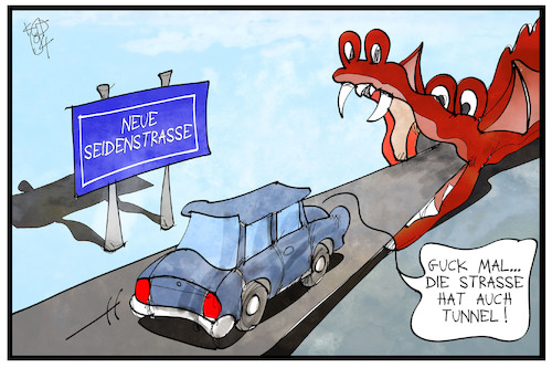 Cartoon: Die neue Seidenstraße (medium) by Kostas Koufogiorgos tagged karikatur,koufogiorgos,illustration,cartoon,seidenstrasse,china,drache,tunnel,transit,verkehr,wirtschaft,handel,weg,route,karikatur,koufogiorgos,illustration,cartoon,seidenstrasse,china,drache,tunnel,transit,verkehr,wirtschaft,handel,weg,route