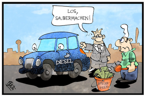 Cartoon: Diesel-Nachrüstung (medium) by Kostas Koufogiorgos tagged karikatur,koufogiorgos,illustration,cartoon,diesel,autobauer,industrie,wirtschaft,steuern,steuerzahler,steuergeld,michel,reinigung,dieselgate,waschen,betrug,karikatur,koufogiorgos,illustration,cartoon,diesel,autobauer,industrie,wirtschaft,steuern,steuerzahler,steuergeld,michel,reinigung,dieselgate,waschen,betrug