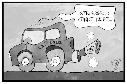 Cartoon: Diesel-Subventionen (medium) by Kostas Koufogiorgos tagged karikatur,koufogiorgos,illustration,cartoon,diesel,subvention,steuergeld,verbrennen,auspuff,abgas,dieselgate,förderung,politik,wirtschaft,auto,karikatur,koufogiorgos,illustration,cartoon,diesel,subvention,steuergeld,verbrennen,auspuff,abgas,dieselgate,förderung,politik,wirtschaft,auto