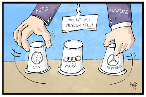 Cartoon: Dieselgate (medium) by Kostas Koufogiorgos tagged autobauer,hütchenspiel,betrug,abgasskandal,autobauer,hütchenspiel,betrug,abgasskandal