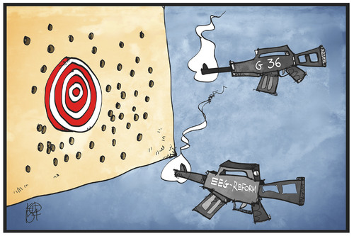 Cartoon: EEG-Reform (medium) by Kostas Koufogiorgos tagged karikatur,koufogiorgos,illustration,cartoon,eeg,g36,gewehr,zielen,zielscheibe,verfehlen,waffe,energie,wende,reform,strompreis,wirtschaft,karikatur,koufogiorgos,illustration,cartoon,eeg,g36,gewehr,zielen,zielscheibe,verfehlen,waffe,energie,wende,reform,strompreis,wirtschaft