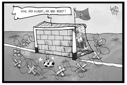 Cartoon: Ein Gegner für Portugal (medium) by Kostas Koufogiorgos tagged karikatur,koufogiorgos,illustration,cartoon,portugal,fussball,em,europameisterschaft,gegener,spiel,einmauern,tor,defensive,spieler,team,finale,sport,karikatur,koufogiorgos,illustration,cartoon,portugal,fussball,em,europameisterschaft,gegener,spiel,einmauern,tor,defensive,spieler,team,finale,sport