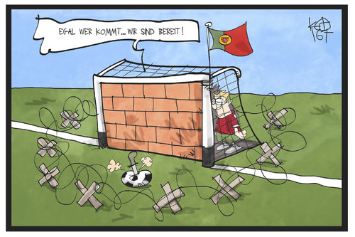 Cartoon: Ein Gegner für Portugal (medium) by Kostas Koufogiorgos tagged karikatur,koufogiorgos,illustration,cartoon,portugal,fussball,em,europameisterschaft,gegener,spiel,einmauern,tor,defensive,spieler,team,finale,sport,karikatur,koufogiorgos,illustration,cartoon,portugal,fussball,em,europameisterschaft,gegener,spiel,einmauern,tor,defensive,spieler,team,finale,sport