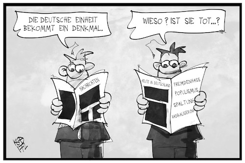 Cartoon: Einheitsdenkmal (medium) by Kostas Koufogiorgos tagged karikatur,koufogiorgos,illustration,cartoon,deutsche,einheit,einheitsdenkmal,berlin,wippe,zeitung,tot,fremdenhass,populismus,spaltung,gesellschaft,nachrichten,ddr,wiedervereinigung,geschichte,wende,karikatur,koufogiorgos,illustration,cartoon,deutsche,einheit,einheitsdenkmal,berlin,wippe,zeitung,tot,fremdenhass,populismus,spaltung,gesellschaft,nachrichten,ddr,wiedervereinigung,geschichte,wende