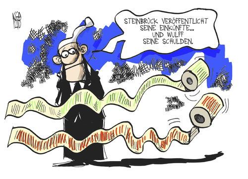 Cartoon: Einkünfte und Schulden (medium) by Kostas Koufogiorgos tagged steinbrück,wulff,nebeneinkünfte,schulden,geld,honorar,liste,papier,karikatur,kostas,koufogiorgos,steinbrück,wulff,nebeneinkünfte,schulden,geld,honorar,liste,papier,karikatur,kostas,koufogiorgos