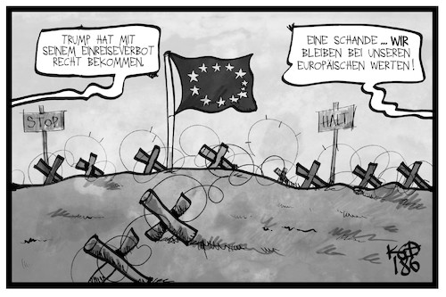 Cartoon: Einreiseverbote (medium) by Kostas Koufogiorgos tagged karikatur,koufogiorgos,illustration,cartoon,einreise,verbot,asyl,abschottung,europa,eu,trump,usa,schande,flüchtlinge,asylstreit,politik,karikatur,koufogiorgos,illustration,cartoon,einreise,verbot,asyl,abschottung,europa,eu,trump,usa,schande,flüchtlinge,asylstreit,politik