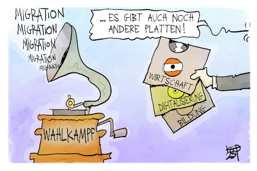 Cartoon: Eintöniger Wahlkampf (medium) by Kostas Koufogiorgos tagged karikatur,koufogiorgos,wahlkampf,migration,grammophon,platte,thema,karikatur,koufogiorgos,wahlkampf,migration,grammophon,platte,thema