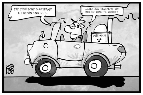 Cartoon: Elektromobilität (medium) by Kostas Koufogiorgos tagged karikatur,koufogiorgos,illustration,cartoon,elektromobilitaet,auto,eauto,akw,atomkraft,kaufprämie,förderung,kernenergie,autofahrer,kunde,verbraucher,strom,karikatur,koufogiorgos,illustration,cartoon,elektromobilitaet,auto,eauto,akw,atomkraft,kaufprämie,förderung,kernenergie,autofahrer,kunde,verbraucher,strom