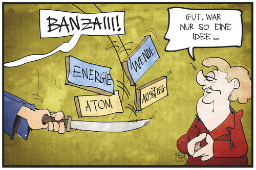 Cartoon: Energiewende in Japan (medium) by Kostas Koufogiorgos tagged karikatur,koufogiorgos,illustration,cartoon,japan,atomausstieg,energiewende,merkel,samurai,wirtschaft,atomenergie,staatsbesuch,diplomatie,politik,karikatur,koufogiorgos,illustration,cartoon,japan,atomausstieg,energiewende,merkel,samurai,wirtschaft,atomenergie,staatsbesuch,diplomatie,politik