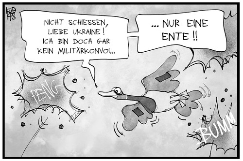 Cartoon: Ente im Ukraine-Konflikt (medium) by Kostas Koufogiorgos tagged karikatur,koufogiorgos,illustration,cartoon,ukraine,konflikt,ente,falschmeldung,militärkonvoi,russland,angriff,beschuss,karikatur,koufogiorgos,illustration,cartoon,ukraine,konflikt,ente,falschmeldung,militärkonvoi,russland,angriff,beschuss