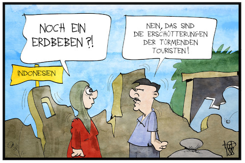 Cartoon: Erdbeben Indonesien (medium) by Kostas Koufogiorgos tagged karikatur,koufogiorgos,illustration,cartoon,indonesien,erdbeben,touristen,tourismus,flucht,türmen,rennen,angst,insel,lombok,karikatur,koufogiorgos,illustration,cartoon,indonesien,erdbeben,touristen,tourismus,flucht,türmen,rennen,angst,insel,lombok