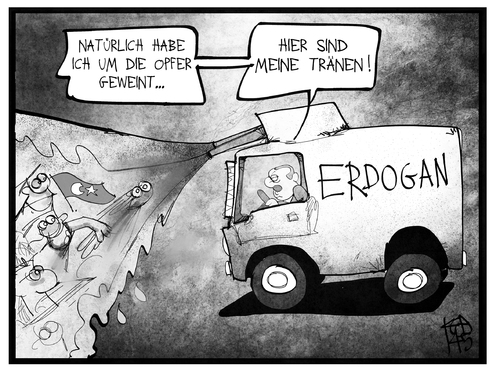 Cartoon: Erdogans Tränen (medium) by Kostas Koufogiorgos tagged karikatur,koufogiorgos,illustration,cartoon,erdogan,soma,türkei,wasserwerfer,demonstration,protest,grubenunglück,bergbau,arbeit,politik,karikatur,koufogiorgos,illustration,cartoon,erdogan,soma,türkei,wasserwerfer,demonstration,protest,grubenunglück,bergbau,arbeit,politik