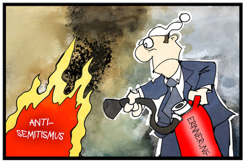 Cartoon: Erinnerungskultur (medium) by Kostas Koufogiorgos tagged karikatur,koufogiorgos,illustration,cartoon,erinnerung,antisemitismus,pogromnacht,reichskristallnacht,nationalsozialismus,feuer,fuerlöscher,michel,deutschland,karikatur,koufogiorgos,illustration,cartoon,erinnerung,antisemitismus,pogromnacht,reichskristallnacht,nationalsozialismus,feuer,fuerlöscher,michel,deutschland