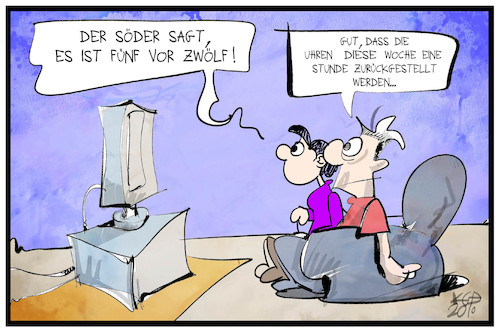 Cartoon: Es ist fünf vor Zwölf (medium) by Kostas Koufogiorgos tagged karikatur,koufogiorgos,illustration,cartoon,corona,söder,uhr,zeit,zeitumstellung,winterzeit,karikatur,koufogiorgos,illustration,cartoon,corona,söder,uhr,zeit,zeitumstellung,winterzeit