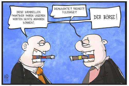 Cartoon: Es lebe die Börse (medium) by Kostas Koufogiorgos tagged karikatur,koufogiorgos,illustration,cartoon,paris,terror,demokratie,freiheit,toleranz,börse,geld,manager,kapital,fanatiker,wirtschaft,märkte,karikatur,koufogiorgos,illustration,cartoon,paris,terror,demokratie,freiheit,toleranz,börse,geld,manager,kapital,fanatiker,wirtschaft,märkte