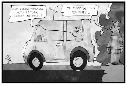 Cartoon: Ethische Autos (medium) by Kostas Koufogiorgos tagged karikatur,koufogiorgos,illustration,cartoon,ethik,auto,software,abgas,skandal,selbstfahrend,dieselgate,wirtschaft,autonom,karikatur,koufogiorgos,illustration,cartoon,ethik,auto,software,abgas,skandal,selbstfahrend,dieselgate,wirtschaft,autonom