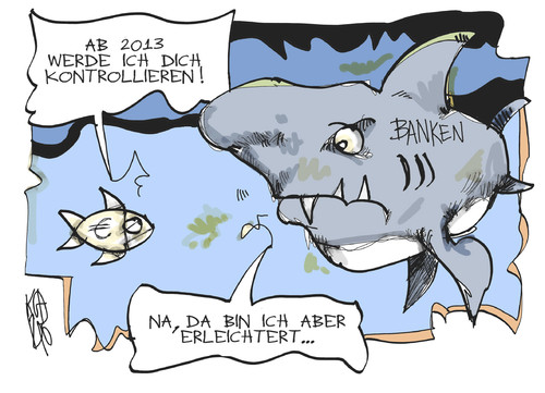 Cartoon: EU-Bankenaufsicht (medium) by Kostas Koufogiorgos tagged eu,europa,banken,aufsicht,kontrolle,euro,fisch,hai,wirtschaft,karikatur,kostas,koufogiorgos,eu,europa,banken,aufsicht,kontrolle,euro,fisch,hai,wirtschaft,karikatur,kostas,koufogiorgos