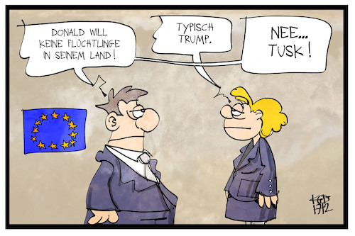 Cartoon: EU-Flüchtlingspolitik (medium) by Kostas Koufogiorgos tagged karikatur,koufogiorgos,illustration,cartoon,eu,quote,flüchtlinge,flüchtlingspolitik,donald,tusk,trump,asylpolitik,karikatur,koufogiorgos,illustration,cartoon,eu,quote,flüchtlinge,flüchtlingspolitik,donald,tusk,trump,asylpolitik