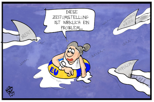 Cartoon: EU-Zeitumstellung (medium) by Kostas Koufogiorgos tagged karikatur,koufogiorgos,illustration,cartoon,eu,uk,brexit,zeit,uhr,umstellung,sommerzeit,winterzeit,populismus,handelskrieg,hai,meer,problem,karikatur,koufogiorgos,illustration,cartoon,eu,uk,brexit,zeit,uhr,umstellung,sommerzeit,winterzeit,populismus,handelskrieg,hai,meer,problem