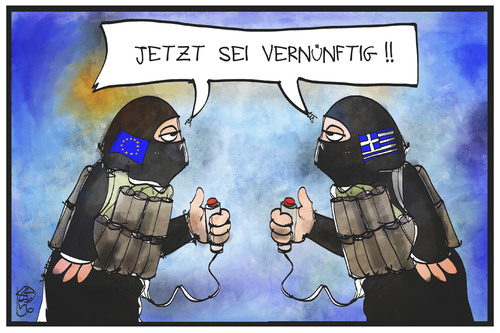 Cartoon: EU vs. Griechenland (medium) by Kostas Koufogiorgos tagged karikatur,koufogiorgos,illustration,cartoon,griechenland,eu,europa,gläubiger,zündstoff,sprengstoff,bombe,streit,vernunft,kompromiss,nachgeben,politik,krise,erpressung,karikatur,koufogiorgos,illustration,cartoon,griechenland,eu,europa,gläubiger,zündstoff,sprengstoff,bombe,streit,vernunft,kompromiss,nachgeben,politik,krise,erpressung