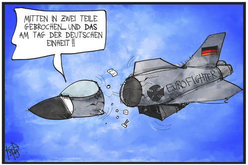 Cartoon: Eurofighter (medium) by Kostas Koufogiorgos tagged karikatur,koufogiorgos,illustration,cartoon,eurofighter,einheit,rumpf,riss,bruch,bundeswehr,flugzeug,schaden,politik,militär,karikatur,koufogiorgos,illustration,cartoon,eurofighter,einheit,rumpf,riss,bruch,bundeswehr,flugzeug,schaden,politik,militär