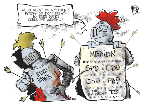 Cartoon: Eurohawk und Stuttgart 21 (medium) by Kostas Koufogiorgos tagged eurohawk,untersuchungsausschuss,stuttgart,21,s21,rüstung,ritter,schild,schutz,medien,karikatur,koufogiorgos,eurohawk,untersuchungsausschuss,stuttgart,21,s21,rüstung,ritter,schild,schutz,medien,karikatur,koufogiorgos