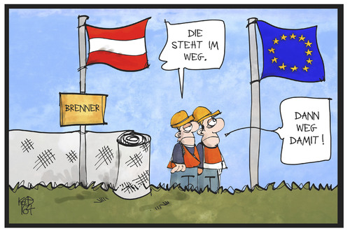 Cartoon: Europa an der Grenze (medium) by Kostas Koufogiorgos tagged fahne,italien,oesterreich,grenze,europa,cartoon,illustration,koufogiorgos,karikatur,flagge,zaun,bauarbeiter,brenner,karikatur,koufogiorgos,illustration,cartoon,europa,grenze,oesterreich,italien,fahne,flagge,zaun,bauarbeiter,brenner