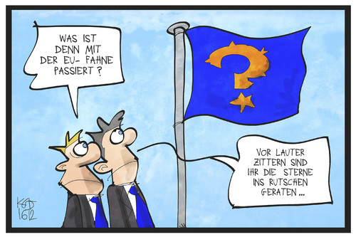 Cartoon: Europas Zukunft (medium) by Kostas Koufogiorgos tagged karikatur,koufogiorgos,illustration,cartoon,europa,eu,fahne,flagge,fragezeichen,zittern,transformation,zukunft,politik,union,europäisch,karikatur,koufogiorgos,illustration,cartoon,europa,eu,fahne,flagge,fragezeichen,zittern,transformation,zukunft,politik,union,europäisch