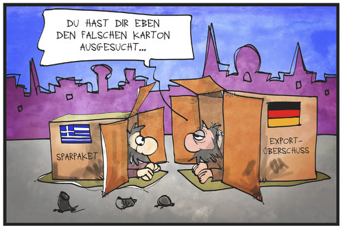 Cartoon: Exportüberschuss (medium) by Kostas Koufogiorgos tagged karikatur,koufogiorgos,illustration,cartoon,export,überschuss,griechenland,deutschland,sparpaket,karton,obdachlosigkeit,armut,wirtschaft,bilanz,import,karikatur,koufogiorgos,illustration,cartoon,export,überschuss,griechenland,deutschland,sparpaket,karton,obdachlosigkeit,armut,wirtschaft,bilanz,import