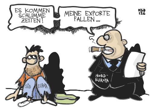 Cartoon: Exportwirtschaft (medium) by Kostas Koufogiorgos tagged euro,reichtum,armut,europa,nordeuropa,südeuropa,wirtschaft,export,schulden,krise,nachfrage,karikatur,kostas,koufogiorgos,export,wirtschaft,südeuropa,nordeuropa,europa,reichtum,euro,schulden